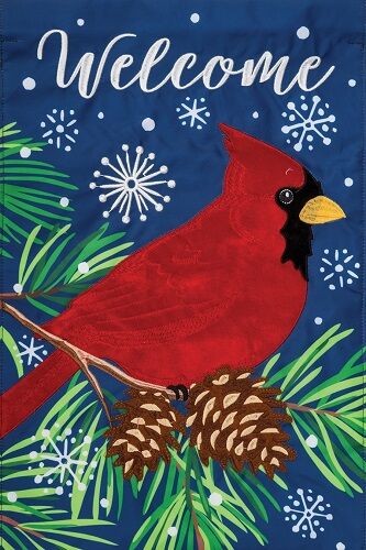 Cardinal on Blue Flag | Applique Flags | Winter Flags | Garden Flag