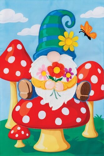 Gnome & Mushrooms Flag | Applique, Spring, Cool, Garden, Flags