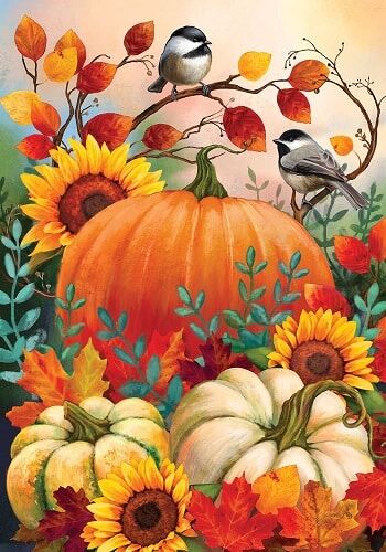 Pumpkins & Chickadees Flag | Fall Flags | Bird Flags | Garden Flag