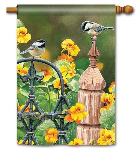 Chickadee Fence Post House Flag | Floral, Bird, Yard, House, Flag