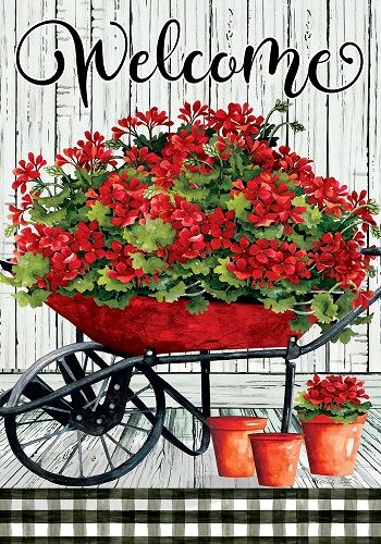 Geranium Wheelbarrow Flag | Welcome, Spring, Floral, Cool, Flags