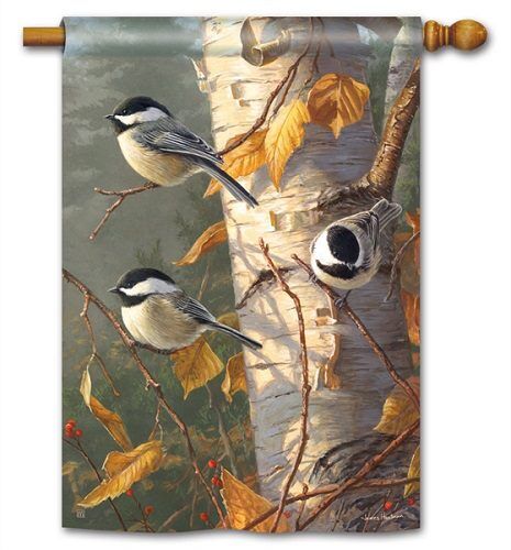 Chickadee Trio House Flag | Fall, Bird, Yard, Outdoor, House, Flags